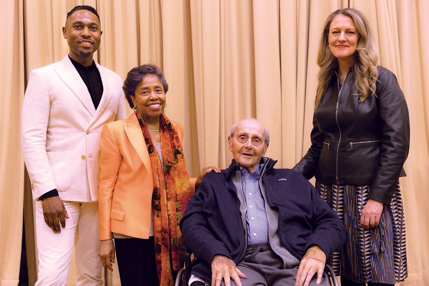 Inaugural Tania León Chair Malcolm J. Merriweather, pictured with Kennedy Center Honoree Tania León, Tow Foundation founder and chair Leonard Tow ’50, and President Michelle J. Anderson at this spring's Presidential Lecture Series. 