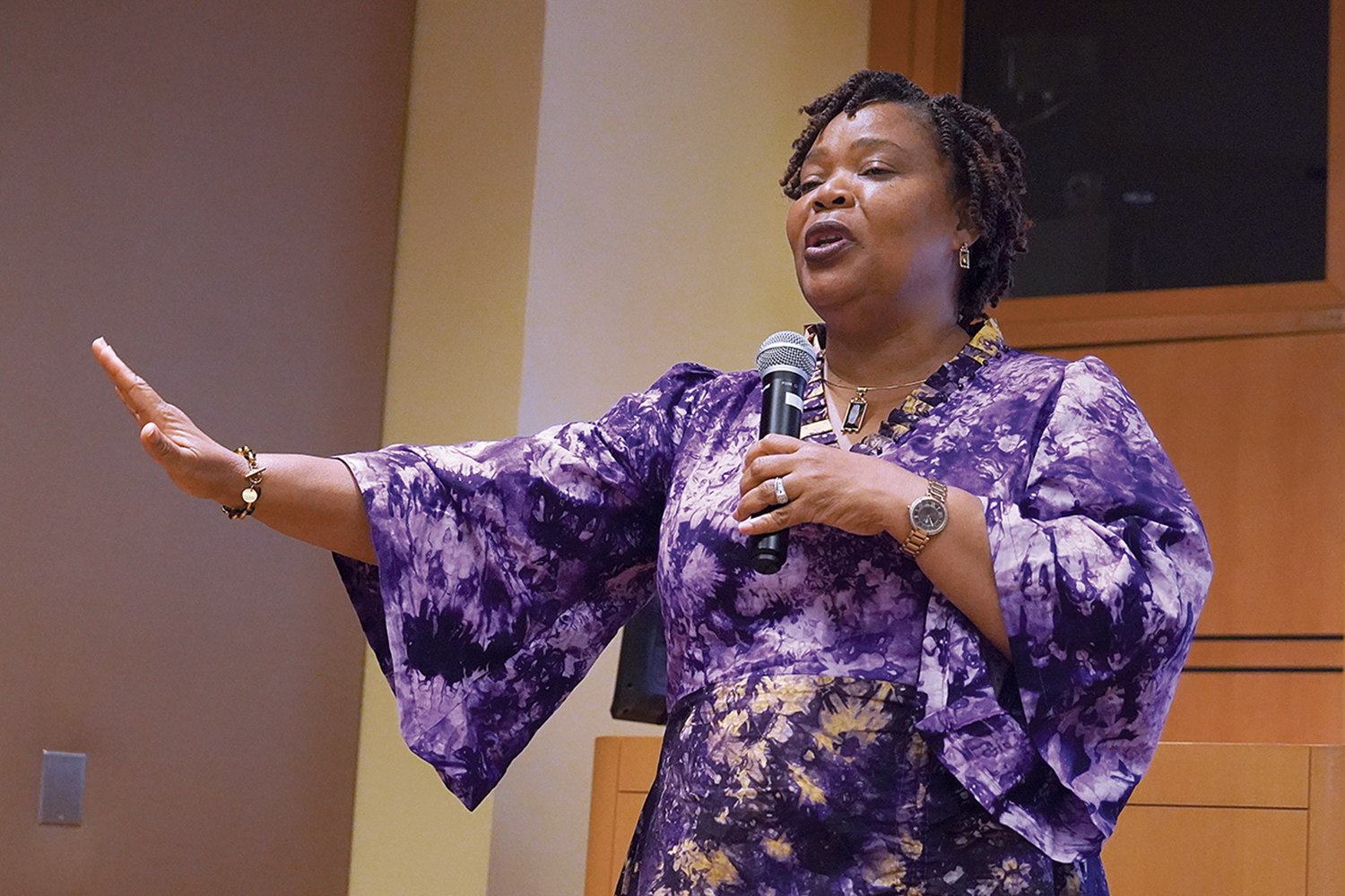 2011 Nobel Peace Laureate Leymah Gbowee speaking on campus as part of the 2024 International Women’s Day Conference.
