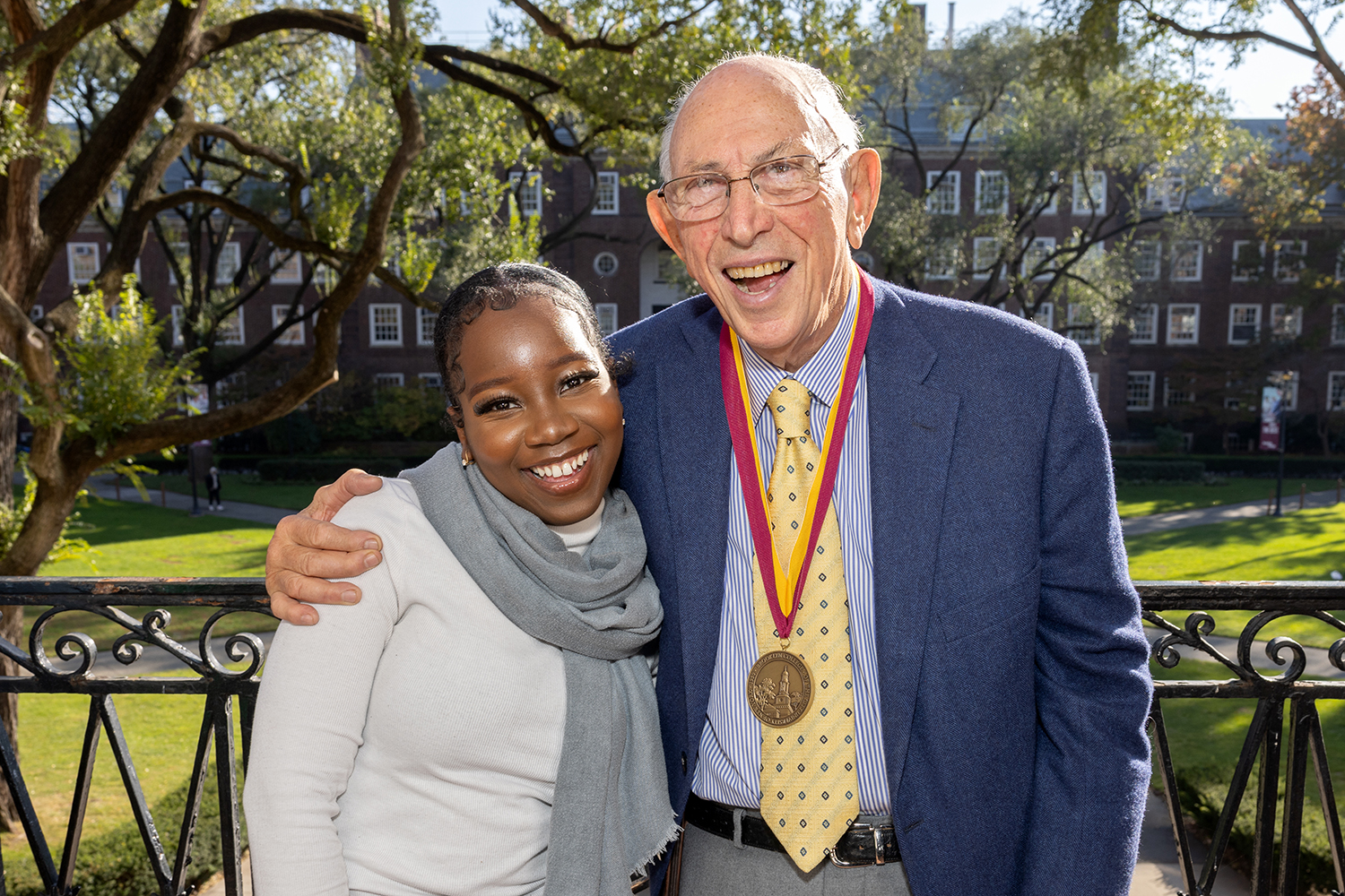 Brooklyn College Foundation trustee Irwin Federman ’56 received a presidential medal of honor from the college this fall for his long-standing support. Here, he poses with Rayshal De Riggs, a Federman Fellow through Brooklyn College’s Immigrant Student Success Office. The Federman Fellowship Program connects immigrant and first-generation students to mentors at the college.