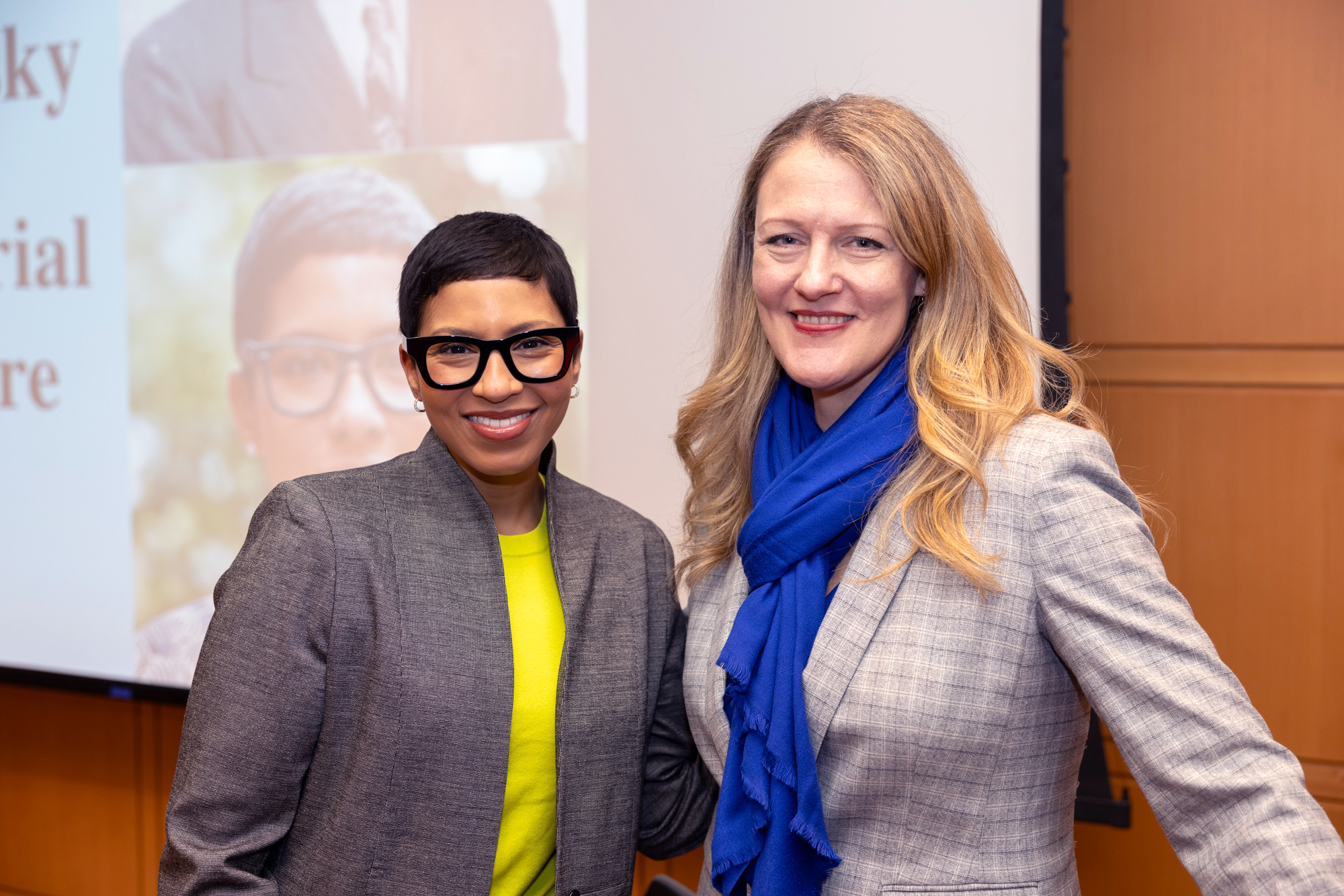 MSNBC legal analyst Melissa Murray, pictured here with Michelle J. Anderson, delivered the Samuel J. Konefsky Memorial Lecture, "Dobbs, Democracy and Distrust" on campus in the fall. 