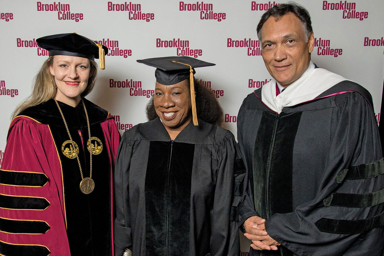 Brooklyn College President Michelle J. Anderson with keynote speaker and recipient of the Honorary Doctor of Humane Letters Tarana J. Burke and Distinguished Alumnus Jimmy Smits ‘80