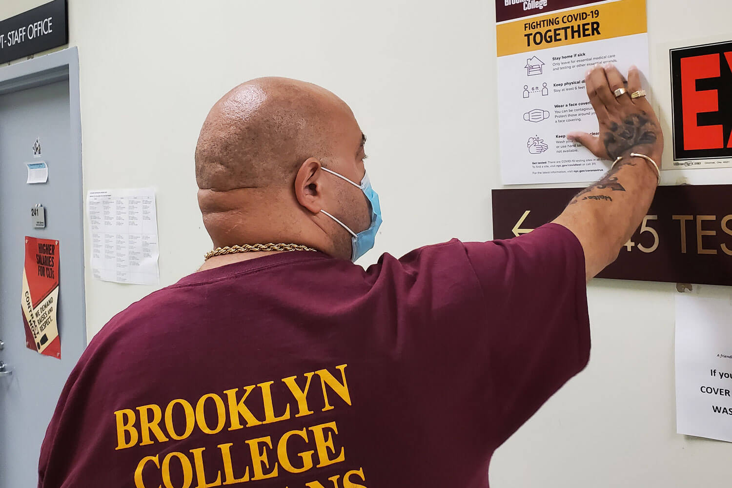 New signage, advising campus visitors of COVID best practices, was placed across buildings and hallways recently. Jerome was spotted with installing the Coronavirus basics chart: Stay Home; Keep Socially Distant; Wear a Mask; Keep Your Hands Clean.