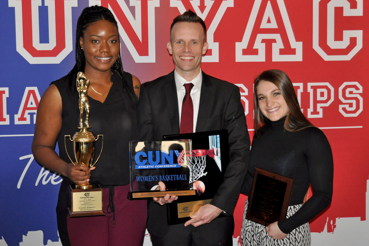 2020 CUNYAC Basketball Awards Luncheon (L-R) Chanel Jemmott (CUNYAC Women's Basketball Player of the Year), Alex Lang (CUNYAC Women’s Basketball Coach of the Year), and Taylor George (CUNYAC Women's Basketball First Team All-Star)