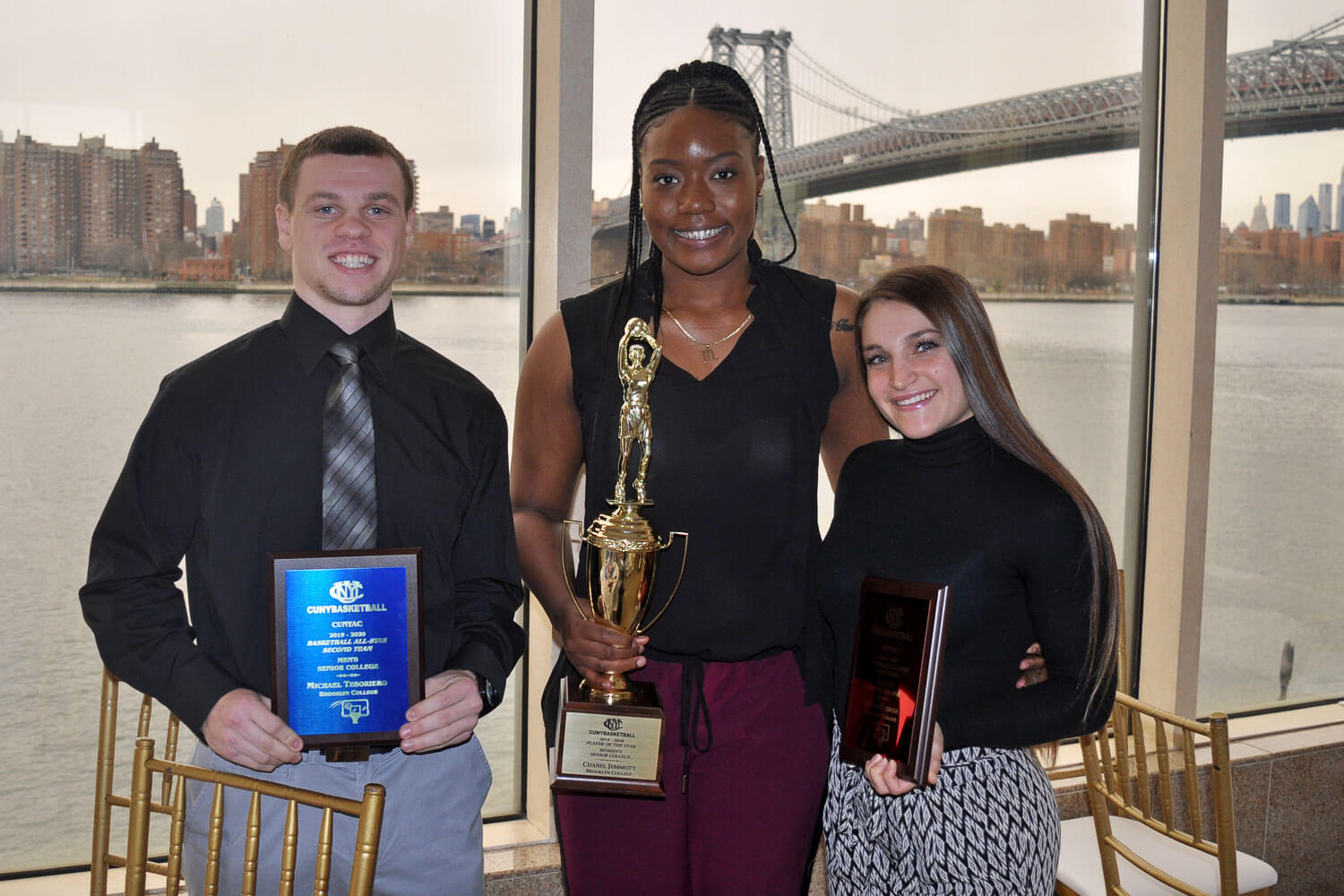 2020 CUNYAC Basketball Awards Luncheon: (L–R) Michael Tesoriero (CUNYAC Men's Basketball Second Team All-Star); Chanel Jemmott (CUNYAC Women's Basketball Player of the Year); and Taylor George (CUNAC Women's Basketball First Team All-Star)