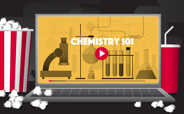 Chemistry professor Brian Gibney says he makes mini video lectures 'so that students can binge-watch like Netflix.' Illustration by Paul Gagner
