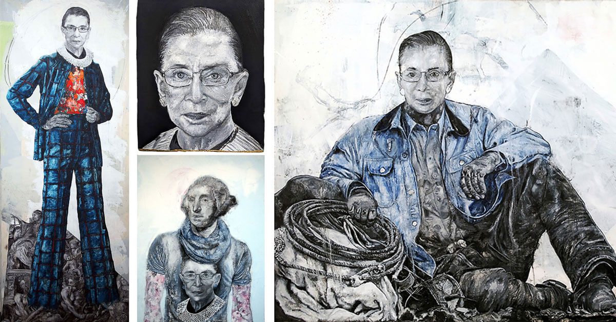 Clockwise from left: Justice RBG, oil on canvas, 2016; Legend, print edition, 2020; Justice4All, (detail) oil on canvas, 2019; GeorgeRuth, oil on canvas, 2018.