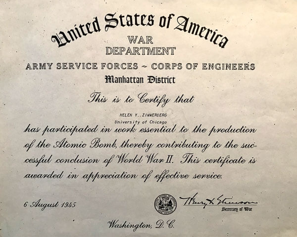A certificate from the U.S. War Department acknowledging Helen Zimmerberg's contribution to the World War II war effort, 1945.
