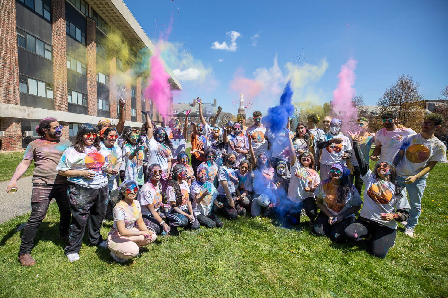 Members of student government covered in bright pigments celebrate the Hindu festival of Holi that marks the arrival of spring. During Holi participants cover each other in rainbow colors, each of which has a special meaning.