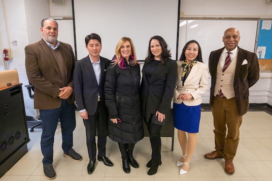 Guillermo Molina, Ryan Ban Tran, Provost April Bedford, Amber Creighton, Cindy Ngoc Pham, and Dean James Lynch.